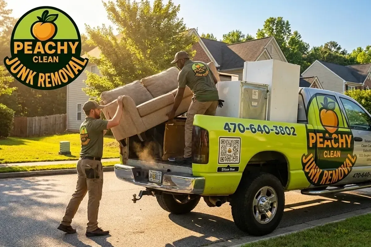 Peachy Clean crew loading an old appliance for recycling in West Metro Atlanta