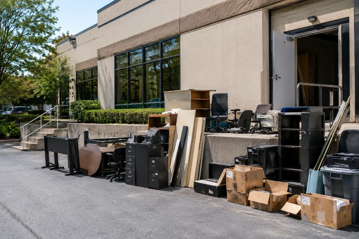 Office furniture, filing cabinets and boxes staged outside a commercial building loading dock for a West Metro Atlanta cleanout