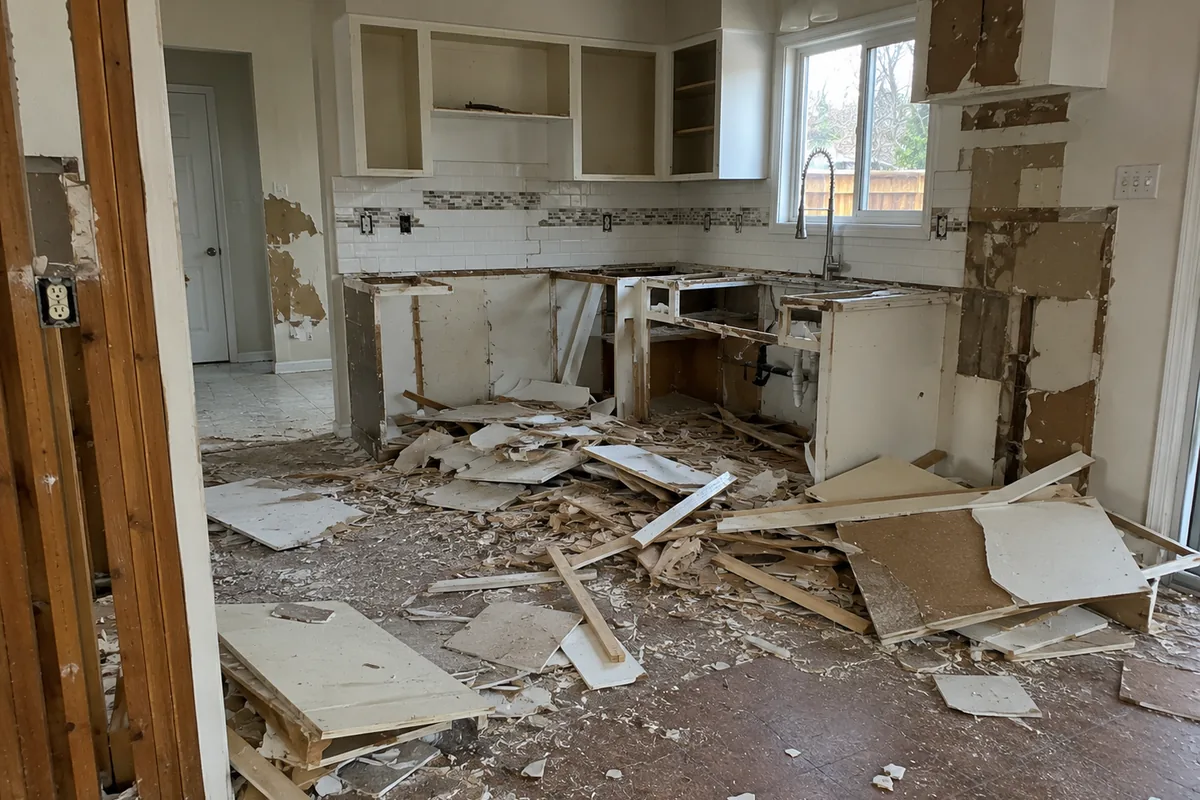 Peachy Clean crew tarping floors for an interior light demolition in West Metro Atlanta