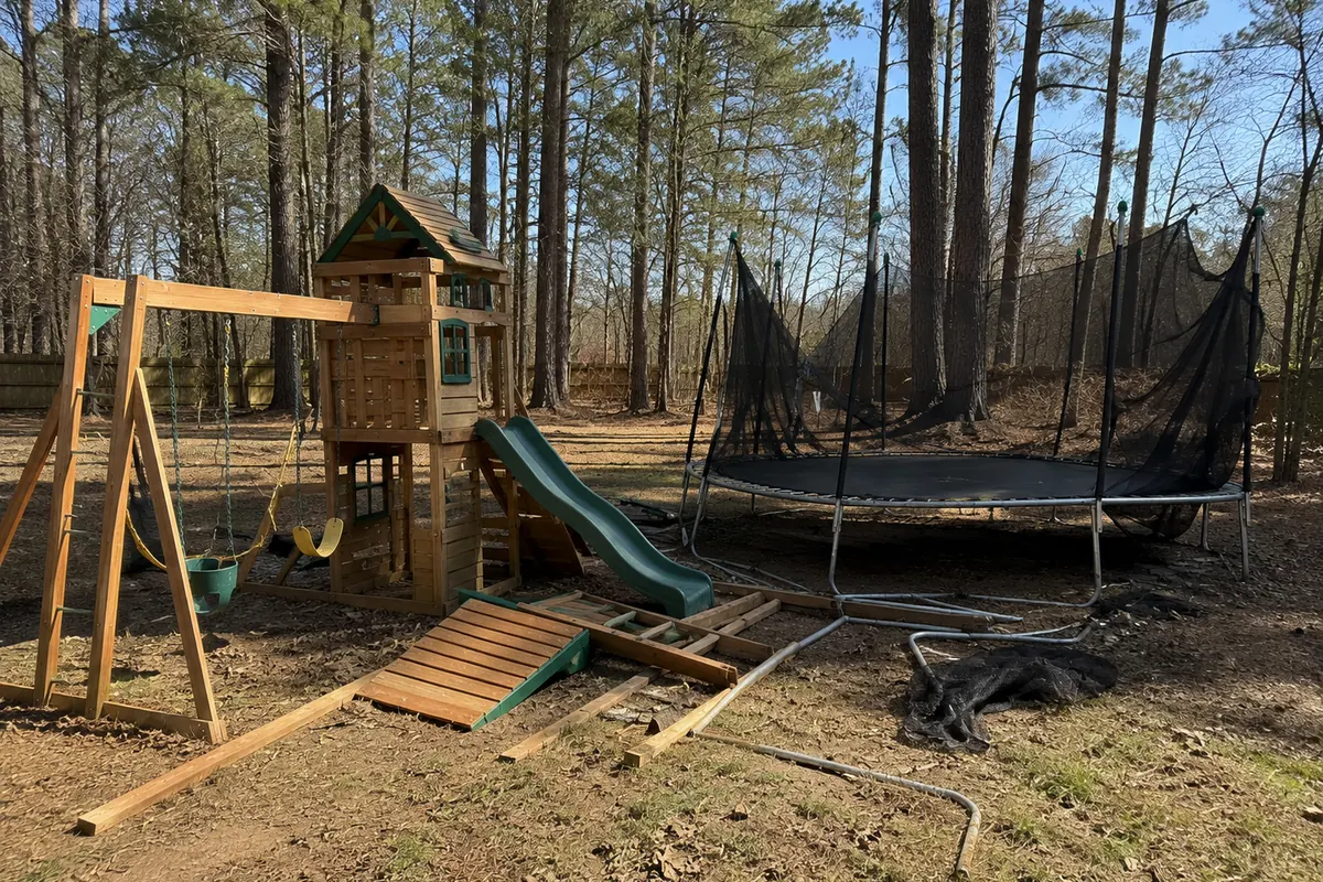 Peachy Clean crew after a playset and trampoline removal in West Metro Atlanta