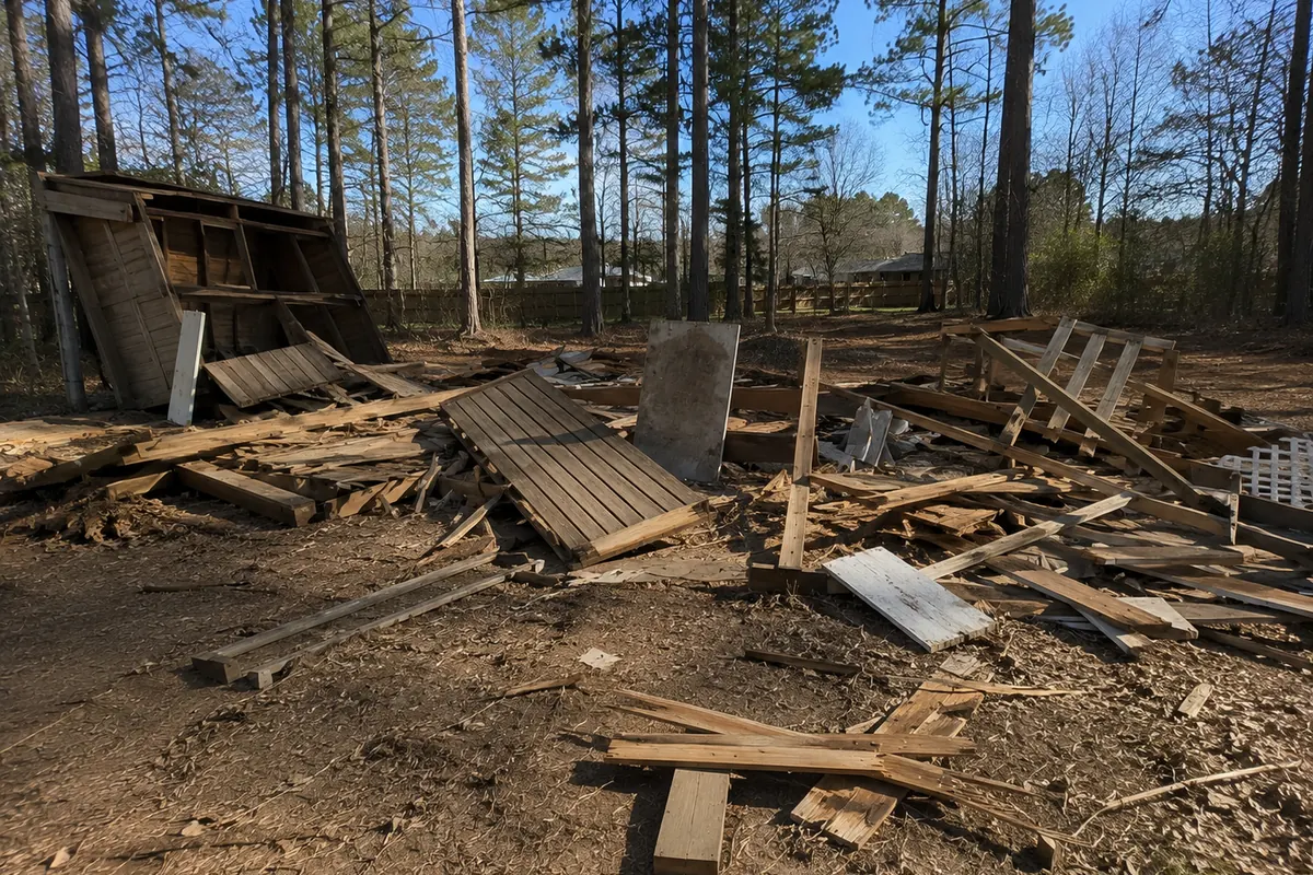 Peachy Clean crew demolishing and removing an old backyard shed in West Metro Atlanta